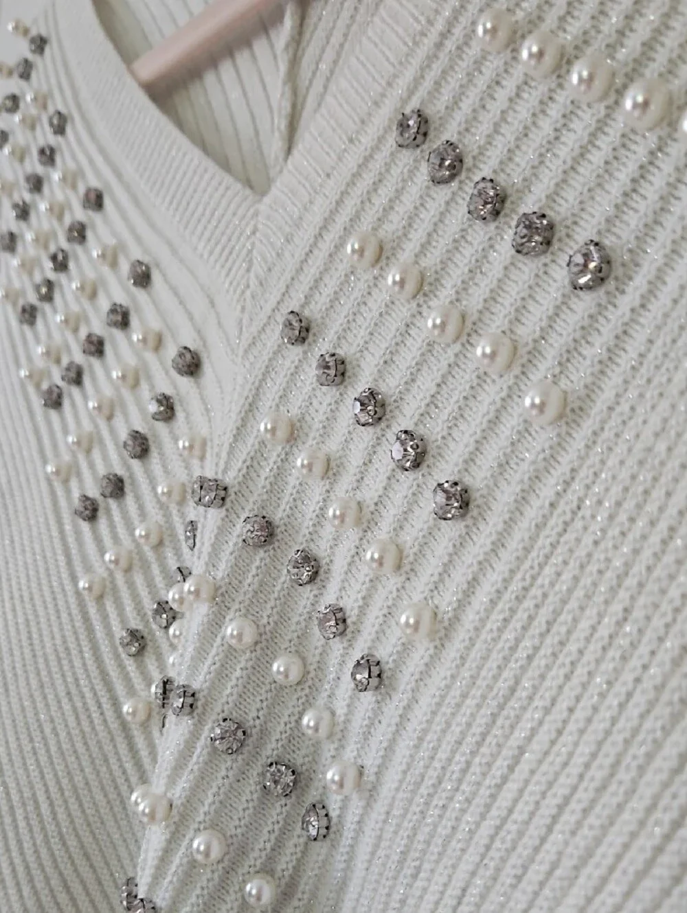 New York & Company Cream V-Neck Sweater with Pearl & Silver Bead Detail